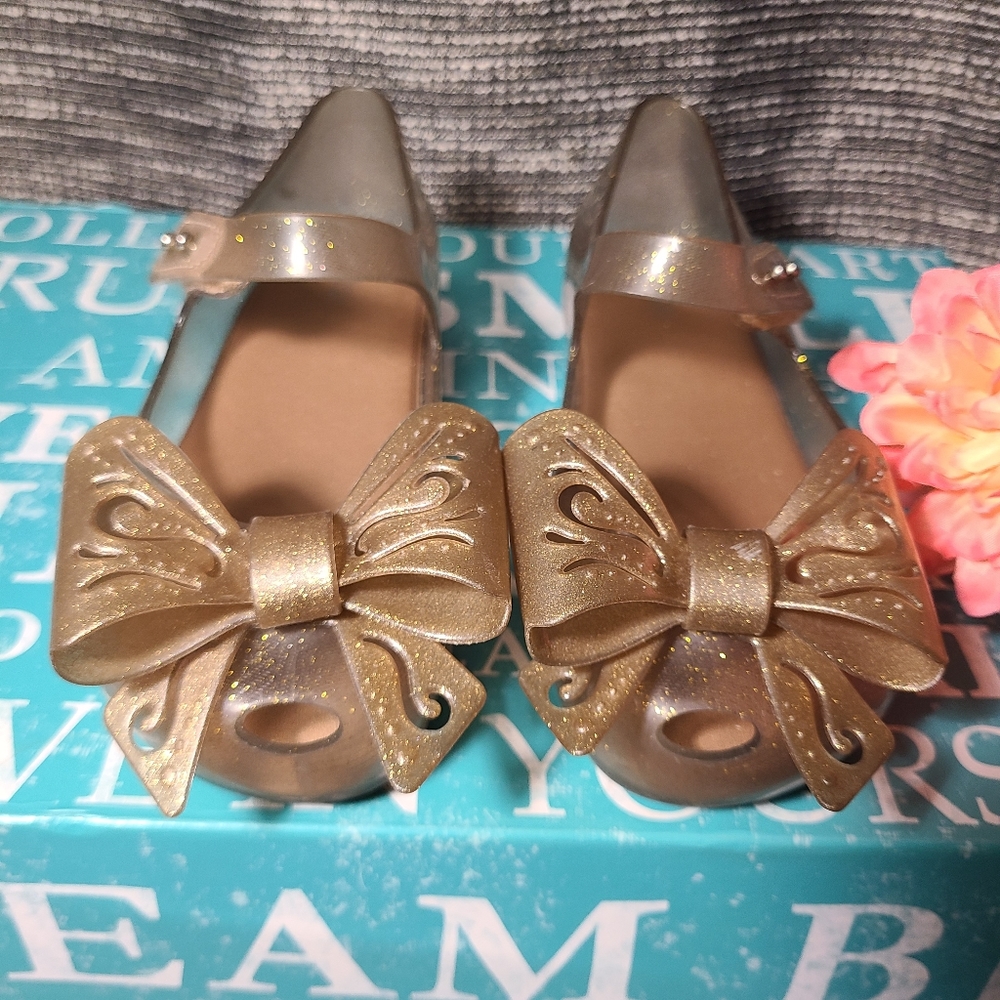 Mini melissa gold glitter bow Mary Jane jellys